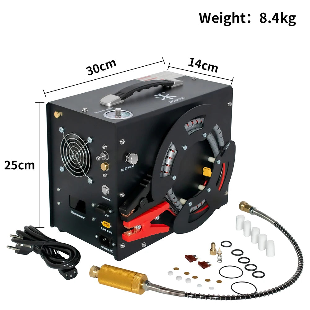 TUXING TXES062 4500Psi 300Bar Portable 12V PCP Air Compressor with Wire Spool Built