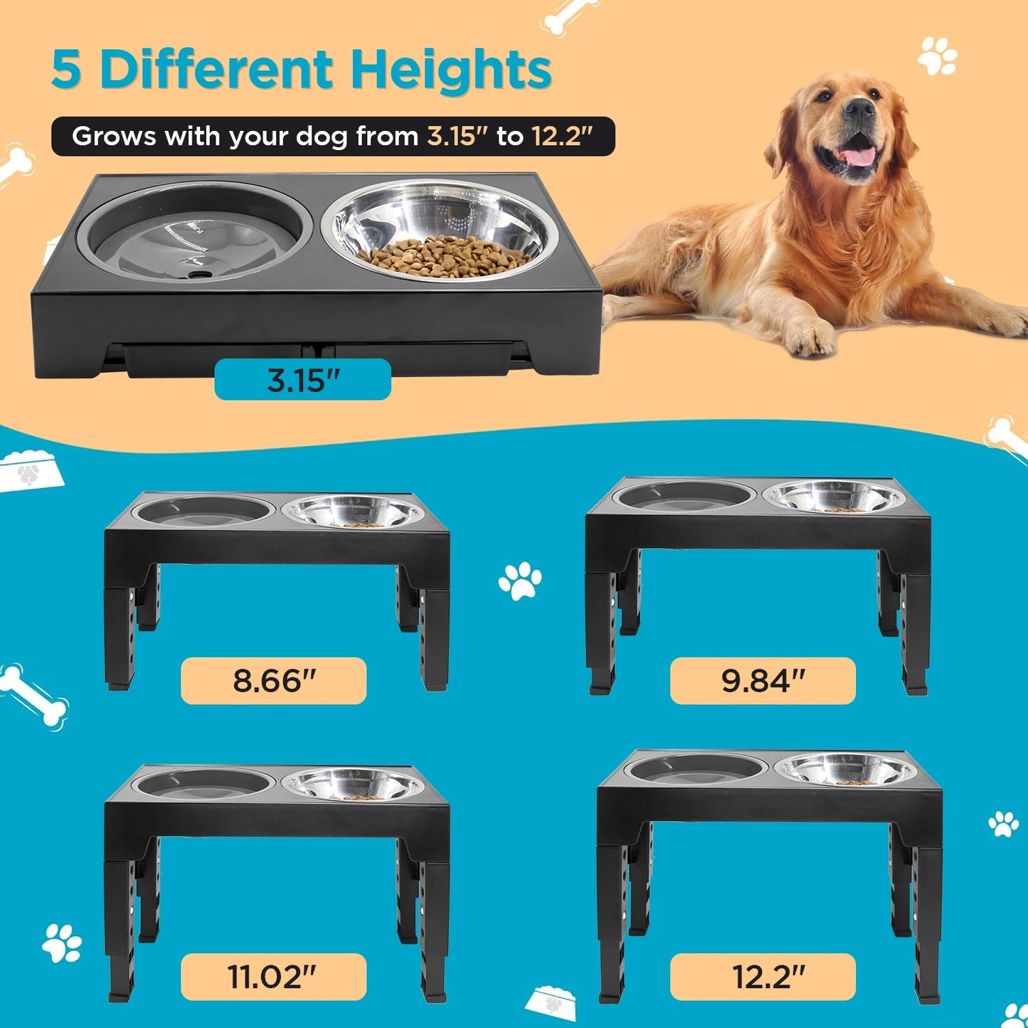 5 Adjustable Heights Raised Dog Bowl Stand with 1 Stainless Steel Food & Dog Water Bowl,