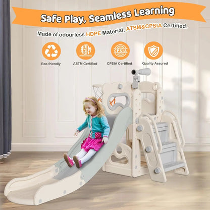 6 in 1 Kids Indoor Slide for Toddlers 1-3, Baby Slide Outdoor with Basketball Hoop and Telescope, L Sh